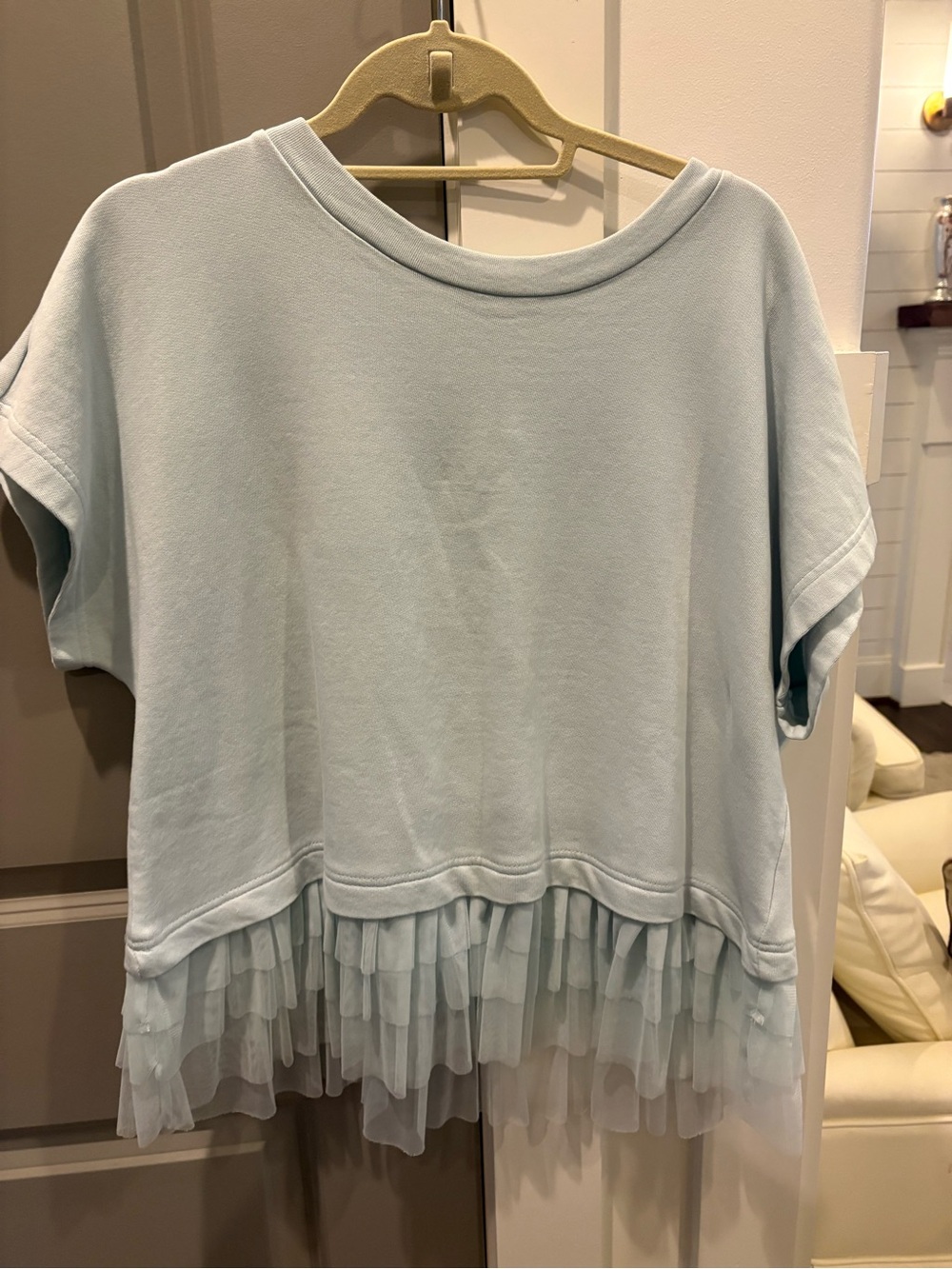 Maeve Light Blue Short Sleeve Sweatshirt with Tulle Tiered Hem